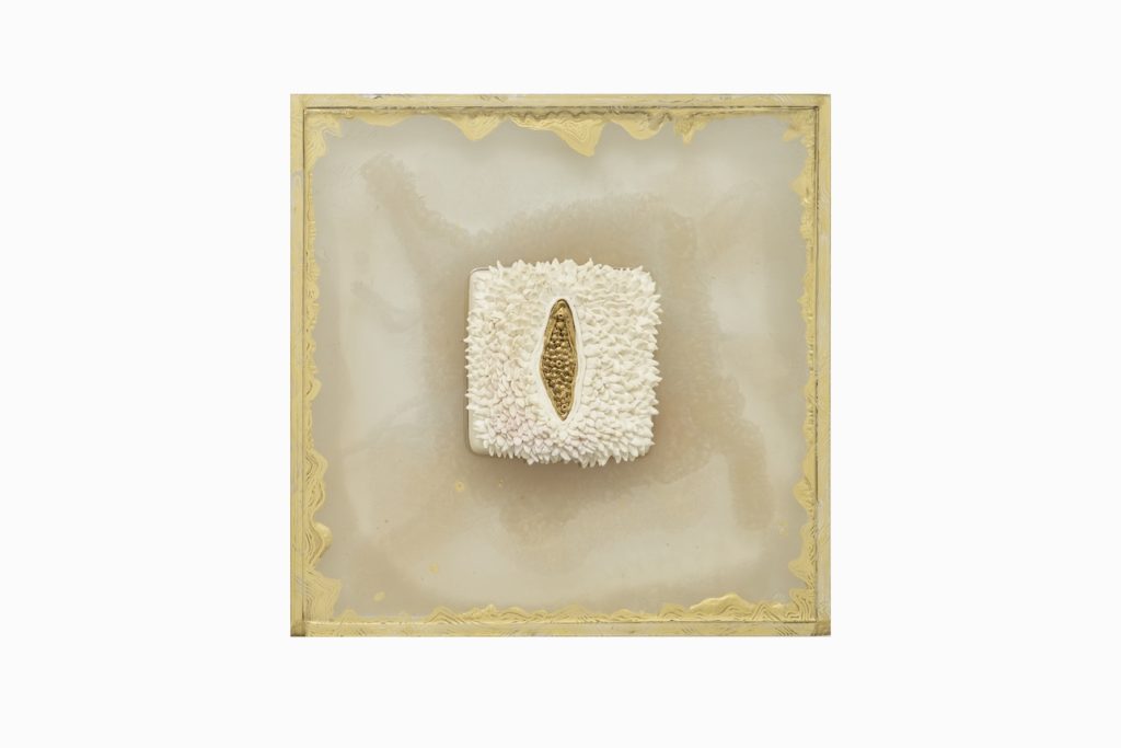 Bhumi, Golden Luster, Raku Firing on Porcelain with Composite Glass and Epoxy Frame 40 x 40 x 5 cm 2023 (2)