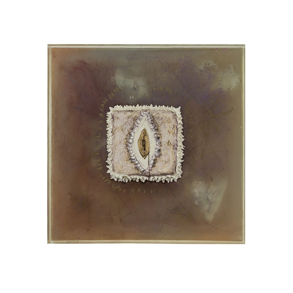 Gaya, Golden Luster, Raku Firing on Porcelain with Composite Glass and Epoxy Frame 40 x 40 x 5 cm 2023