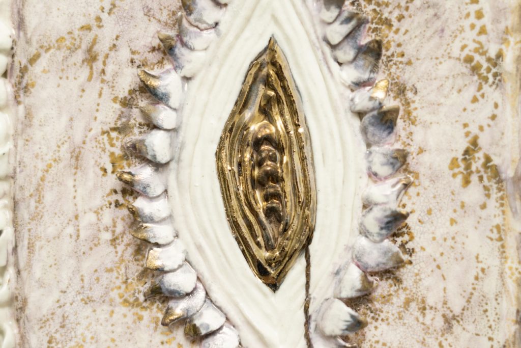 Gaya, Golden Luster, Raku Firing on Porcelain with Composite Glass and Epoxy Frame 40 x 40 x 5 cm 2023 Zoom in